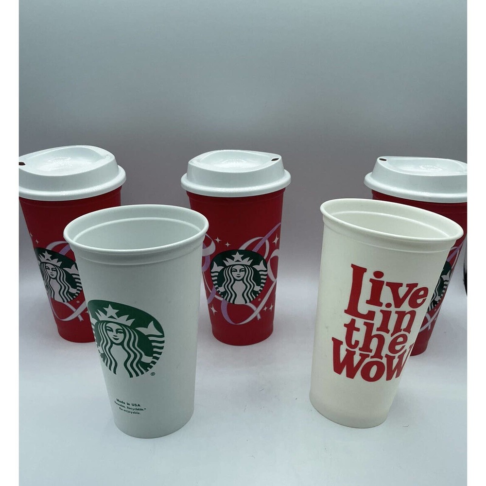 5 Starbucks Christmas Holiday Red White16 Oz. Recycled Travel Cups Mugs w 3 Lids